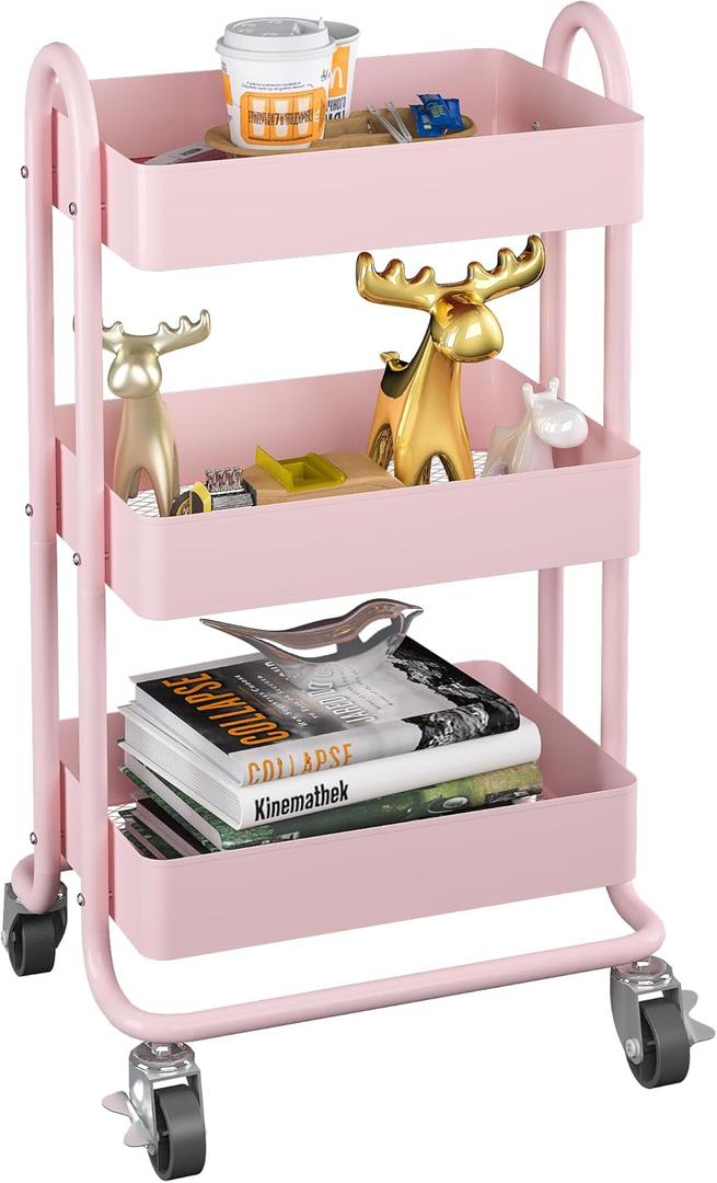 MIOCASA 3-Tier Metal Utility Rolling Cart, Heavy Duty Multifunction Cart with Lockable Casters, Easy to Assemble, Suitable for Office, Bathroom, Kitchen, Garden (Pink) (Metal&Pink)