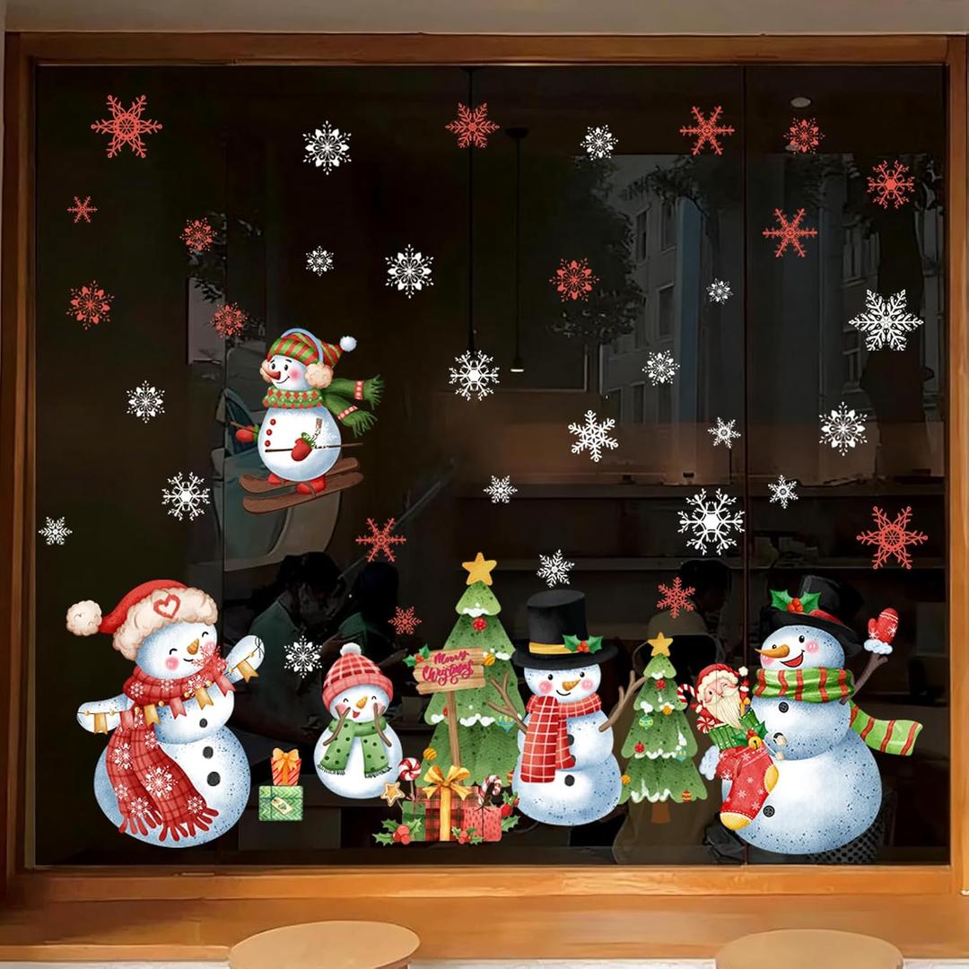 Snowman Window Stickers, Snowflake and Tree Christmas Decor Window Decals, Static Cling Reusable Double Sided Printing Art Stickers, for Glass Mirror Decoration, Home, Holiday