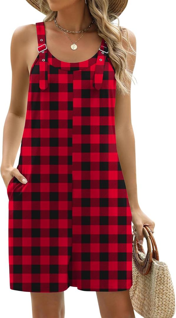 LOMON Rompers for Women 2025 Summer Casual Trendy Sleeveless Shorts Jumpsuits Loose Strap Adjustable Romper with Pockets (M, Red Black Plaid)