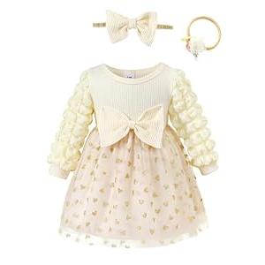 Renotemy Infant Baby Girl Dress Fall Winter Outfits Apricot Baby Baptism Dress Puff Sleeve Tutu Tulle Dresses for Baby Girls Princess Wedding Birthday Party Dresses with Flower Headband 6-12 Months