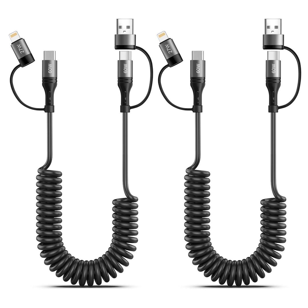 60W Coiled USB C Cable,iPhone Charger Cable for Car 2Pack 4FT [MFi Certified] Coiled Lightning Cable Fast Charging USB C to Lightning Cord for iPhone17/16/15/14/13/12/11 Series/iPad/MacBook/CarPlay