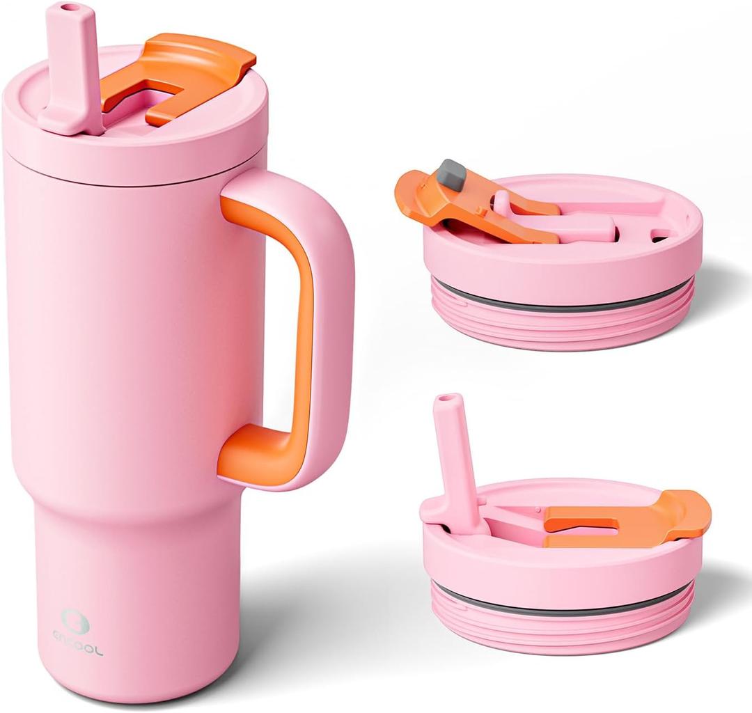 ENCOOL 32 oz Tumbler with Handle and Flip Straw, 100% Resistant Tumbler with Lid and Straw, Insulated Stainless Steel Travel Coffee Mug, Keeps Cold for 24 Hours, Cup Holder Friendly (Blush)