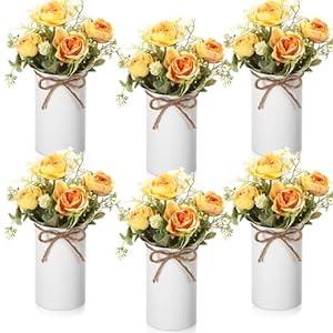 Domensi 6 Sets Wedding Centerpiece for Table Decoration Yellow Artificial Fake Rose Flower with Metal Vase Faux Silk Rose Bouquet Floral Arrangement for Bridal Shower Home Dining