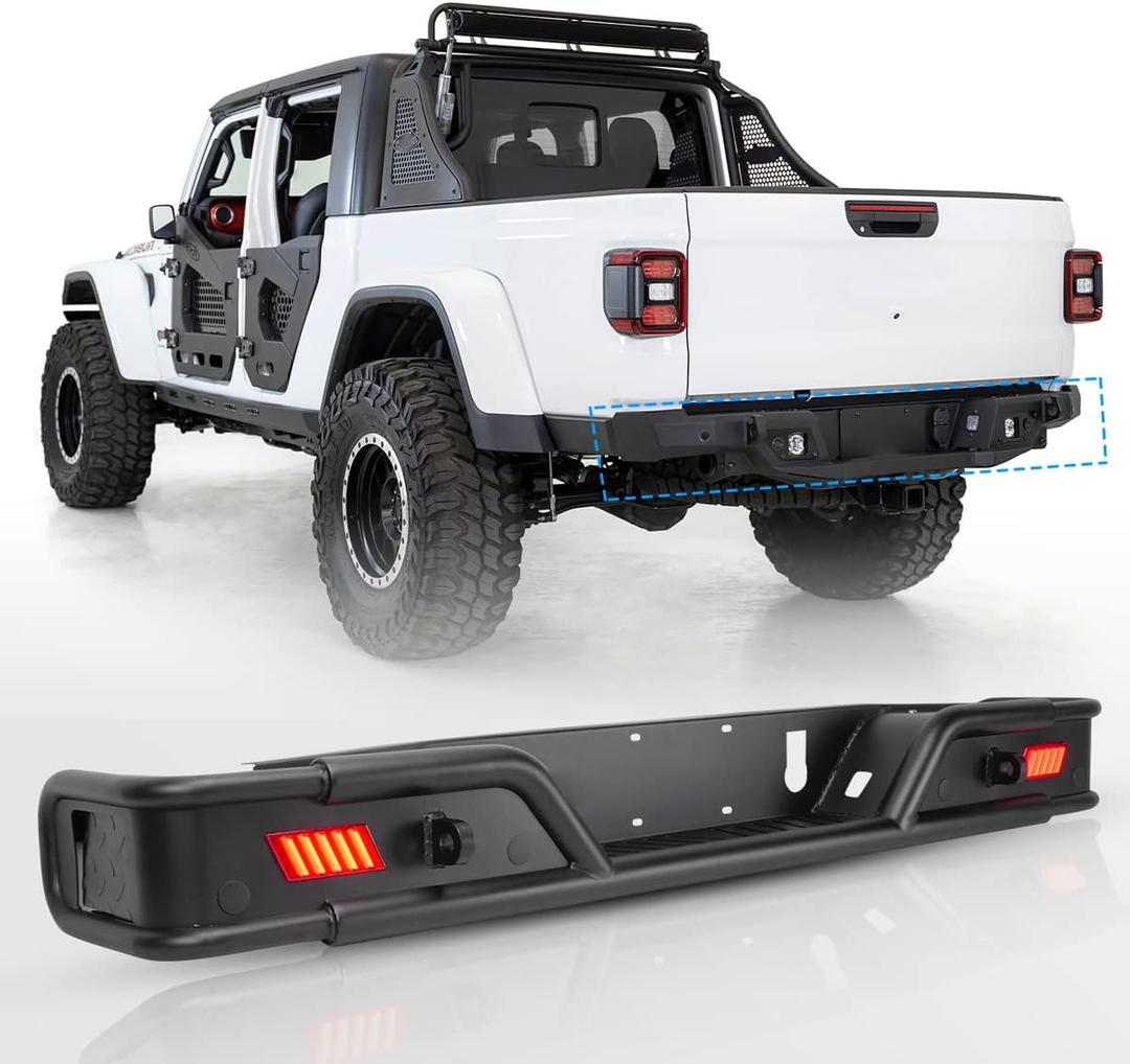 Rear Bumper Fit for Jeep 2019 2020 2021 2022 2023 Gladiator JT (2 Doors & 4 Doors), Full Width Back Bumper with LED Light & D-ring Shackles