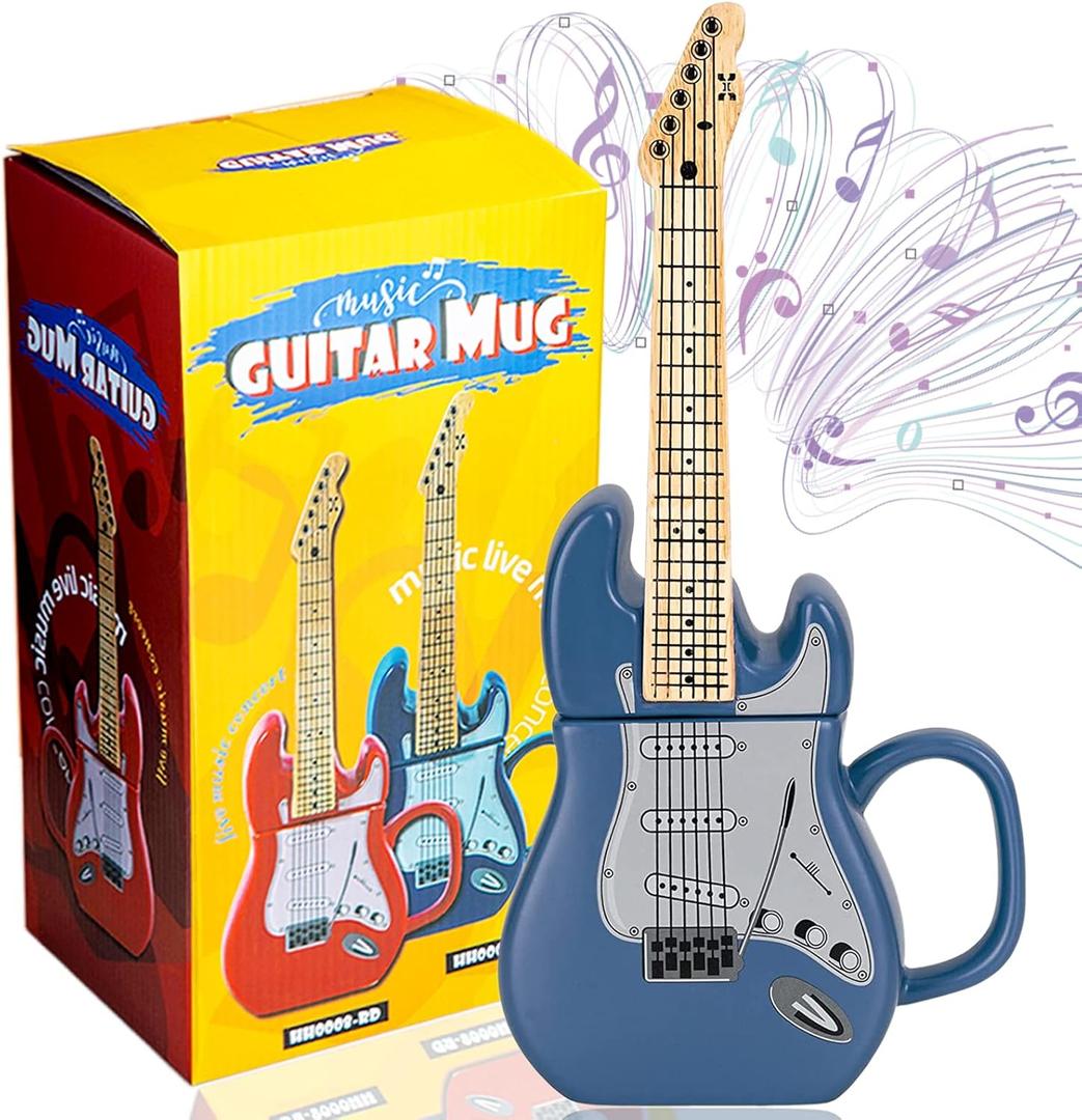 Electric Guitar Shaped Ceramic Mug, Novelty Music Themed Coffee Cup, Creative Drinkware for Tea, Funny Birthday, Halloween, Christmas Gift for Musicians & Rock Lovers, 15 oz (Blue)