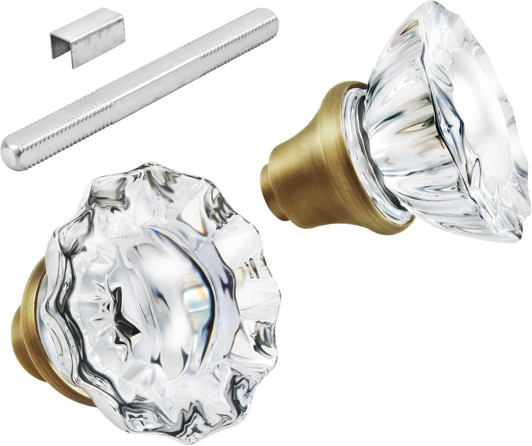 1 Pack Glass Door Knobs Interior Mortise Lock Replacement Set with Spindle, Vintage Crystal Door Knobs for Replacing Broken Old Antique Lock Sets on Interior Door, Antique Brass Finish