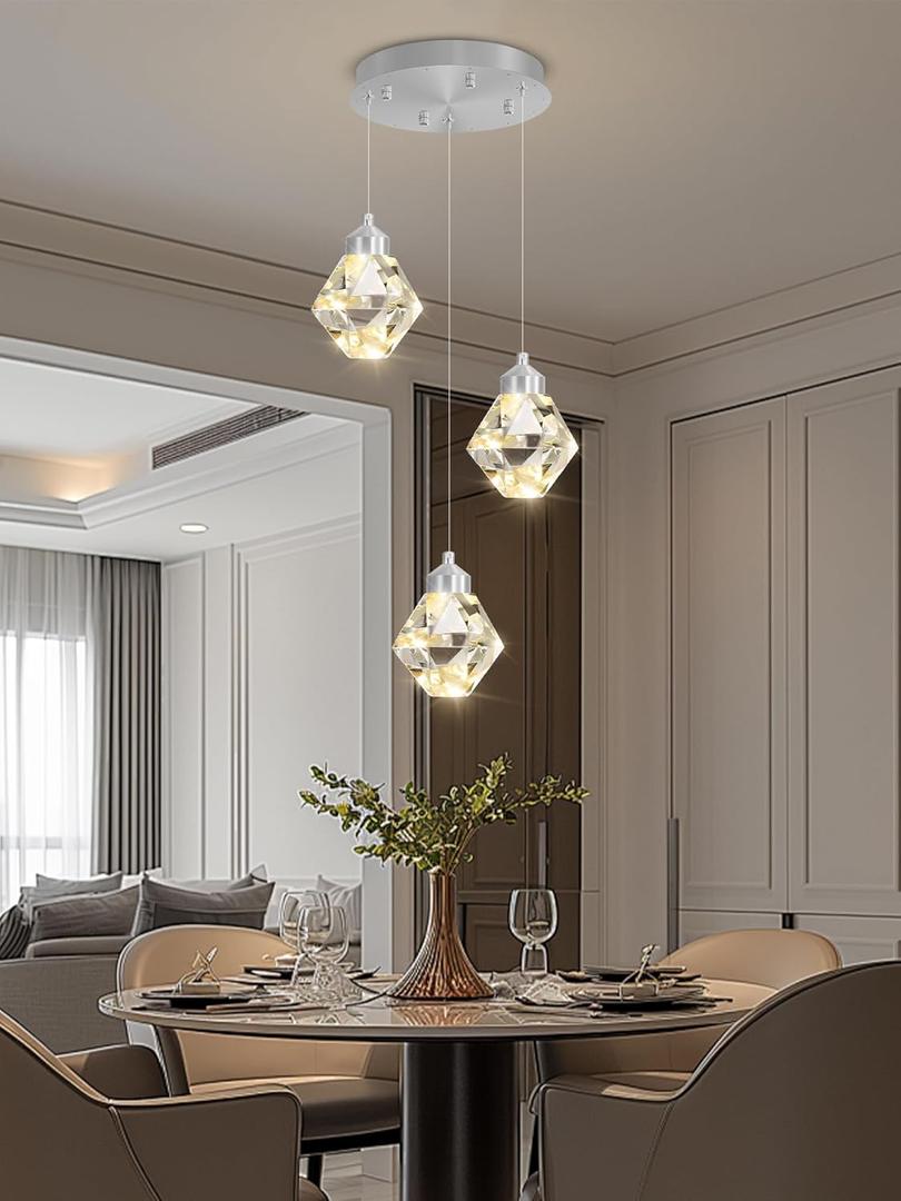 3-Lights Pendant Lights Kitchen Island Mini Chandelier, Modern Silver Pendant Light with Remote Control, Hanging Light Fixture for Dining Room Hallway