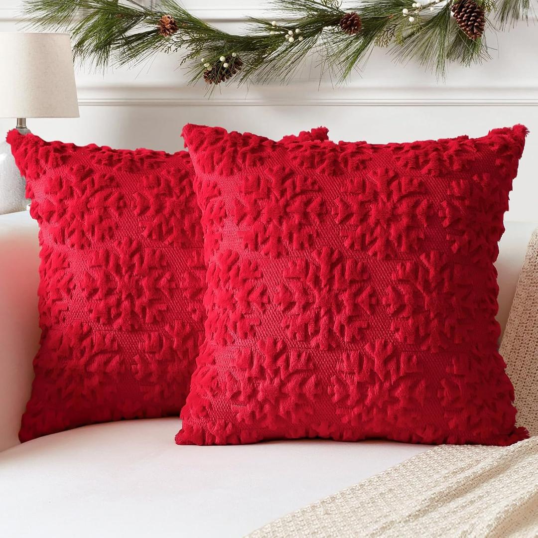 OTOSTAR Set of 2 Xmas Soft Plush Short Wool Velvet Decorative Throw Pillow Covers Square Luxury Style Cushion Case Pillow Shell for Sofa Bedroom Snowflake Red, 20x20 Inch