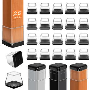 28 Pcs Chair Leg Sliders for Carpet Rug, Square Chair Leg Floor Protectors Glides, Dining Room Furniture Foot Caps, Silicone Covers with Plastic Pads, No Scratches (Fit:1-1/8"~1-7/16", Clear)