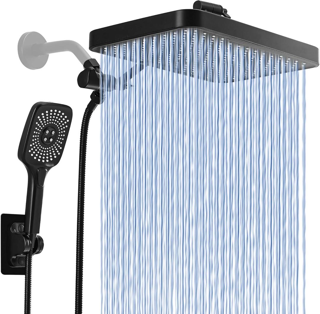 High Pressure Rain Shower Head with Handheld Spray Combo, Adjustable 13" Rainfall Dual ShowerHead with Power Wash Mode, Waterfall Double Tandem Shower Head for Bathroom - Matte Black