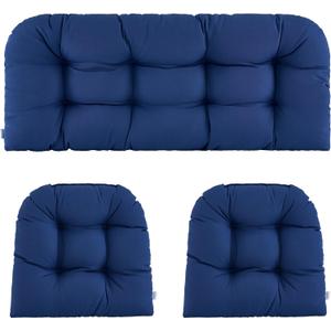 Wicker Chair Cushions of 3 Pieces Waterproof Tufted Outdoor Seat Cushions for Patio Furniture Sofa Settee Couch,1 Loveseat and 2 U-Shaped Cushions,Navy Blue