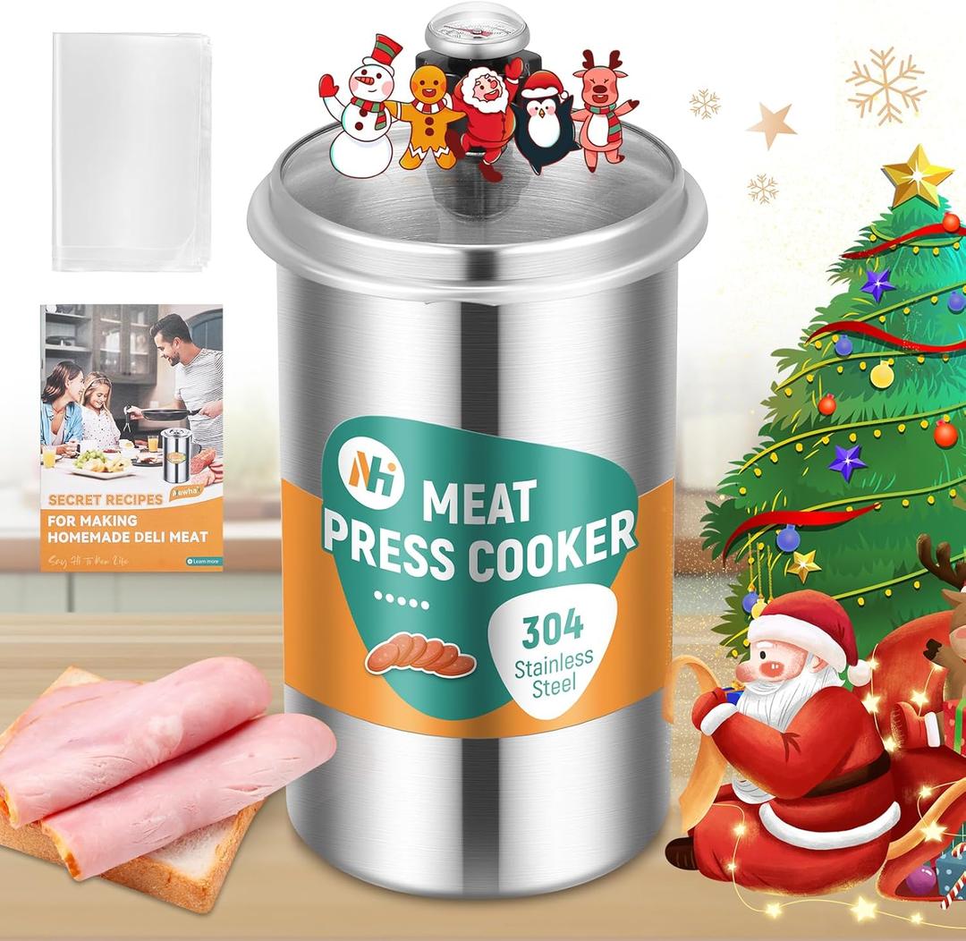 Newhai Deli Meat Maker Lunch Meat Press Ham Meat Cooker Healthy Homemade Ham with Thermometer 5 Secret Recipes Cooking Bags 304 Stainless Steel with Glass Cover
