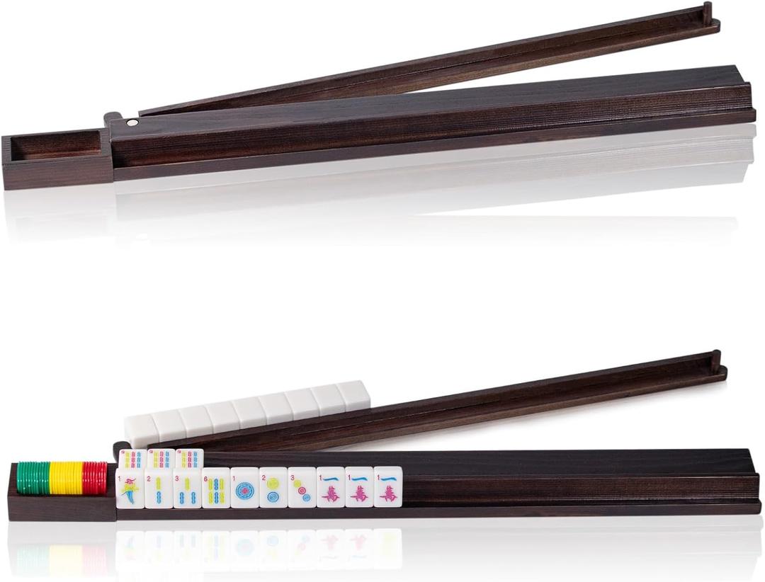 4PCS Wooden Mahjong Racks with Pushers,21 Inches All-in-One Mahjong Pushers and Racks for Mahjong, Dominoes,Mexican Train,Includes Magnetic Chip Box (Reddish Brown)