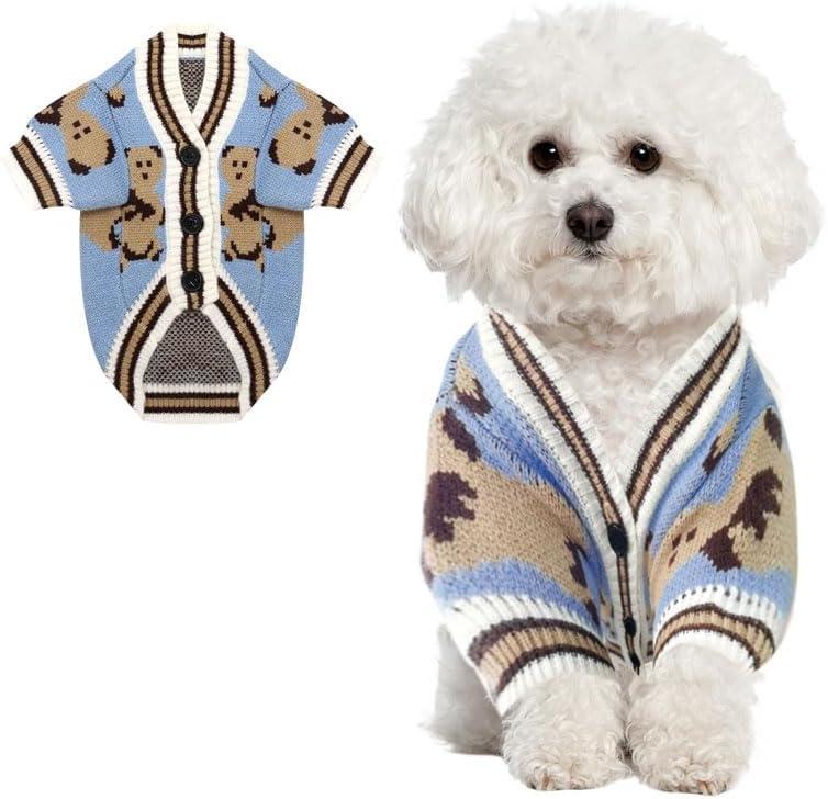 Dog Sweater Christmas Bear Dog Cardigan Clothes for Small Medium Dogs Boy Girl Puppy Cat Knitted Clothes Soft Puppy Sweaters Knitting Dogs Outfit Apparel Coat(Blue,L)