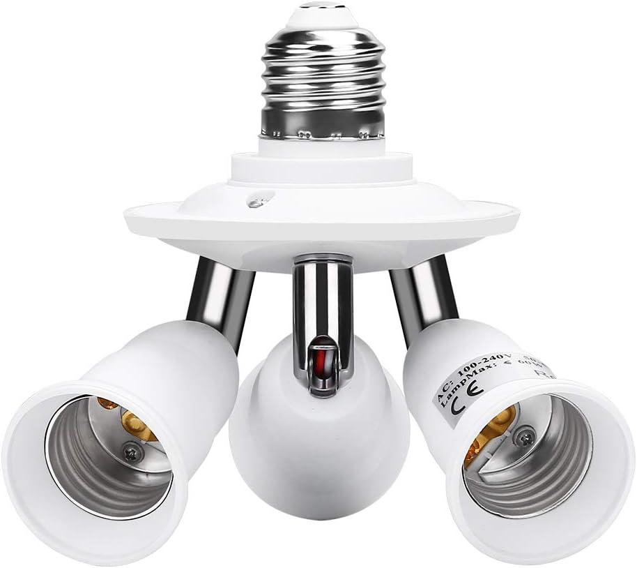 ELECTOP E26 E27 Adjustable Socket Splitter,3 in 1 Socket White Bulb Base Adapter Lamp Holder,360 Degree Rotating 180 Degree Bending