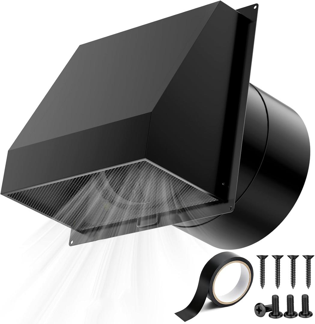 HG Power 10 Inch Hooded Wall Vent with Mesh Screen and Damper, Galvanized Steel Exhaust Vent, for Wall, Kitchen, Range Hood Air Ventilation, HVAC Duct Air Exhaust, Black