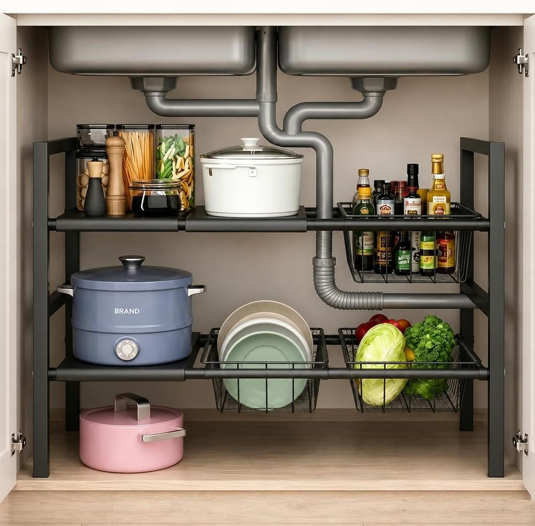 Expandable Under Sink Organizer, 2 Tier Under Sink Shelf, Height Adjustment, Under Sink Shelves with 3 Removable Baskets and 3 Removable Panels for Bathroom Kitchen Pantry Cabit black 21.65in