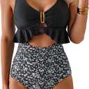 B2prity Womens One Piece Swimsuit Tummy Control Ruffled Bathing Suit V Neck Cutout Swim Suit Tie Back Swimwear (Black, S)