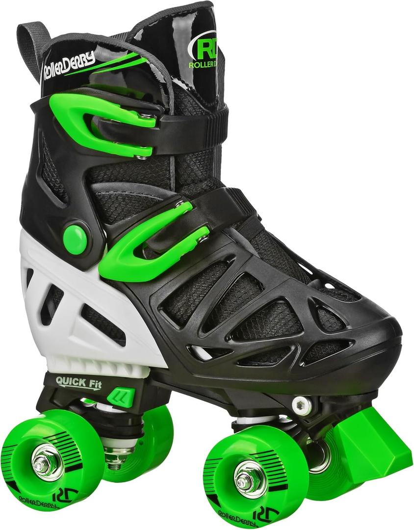 Roller Derby Trac Star Adjustable Skates for Kids, Beginners (Large (3-6), Black/Green)