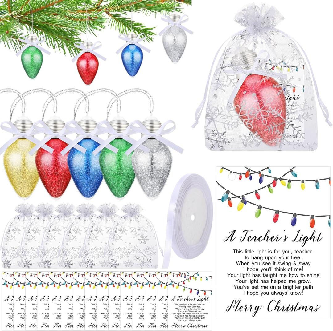 Riceshoot 15 Set Christmas Teacher Appreciation Gift Glitter Light Bulb Ornament for Christmas Tree Hanging Decoration with Thank You Card and Snowflake Organza Bag for Winter Xmas Party Supplies