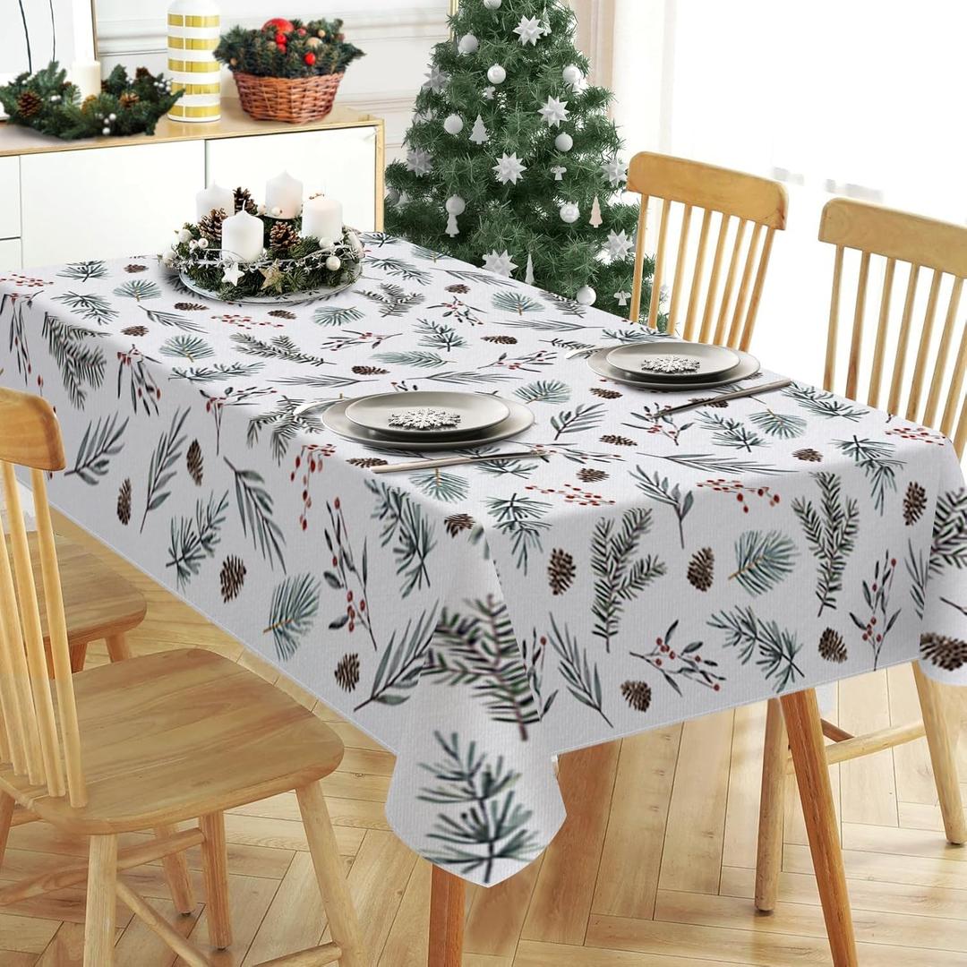 Winter Pine Tree Leaves Rectangle Tablecloth 60 x 120 Inch, Leaf Pine Cone Red Berry Decorative Table Cloth Farmhouse Dining Table Cover, Christmas Holiday Dinner Party Picnic Decoration