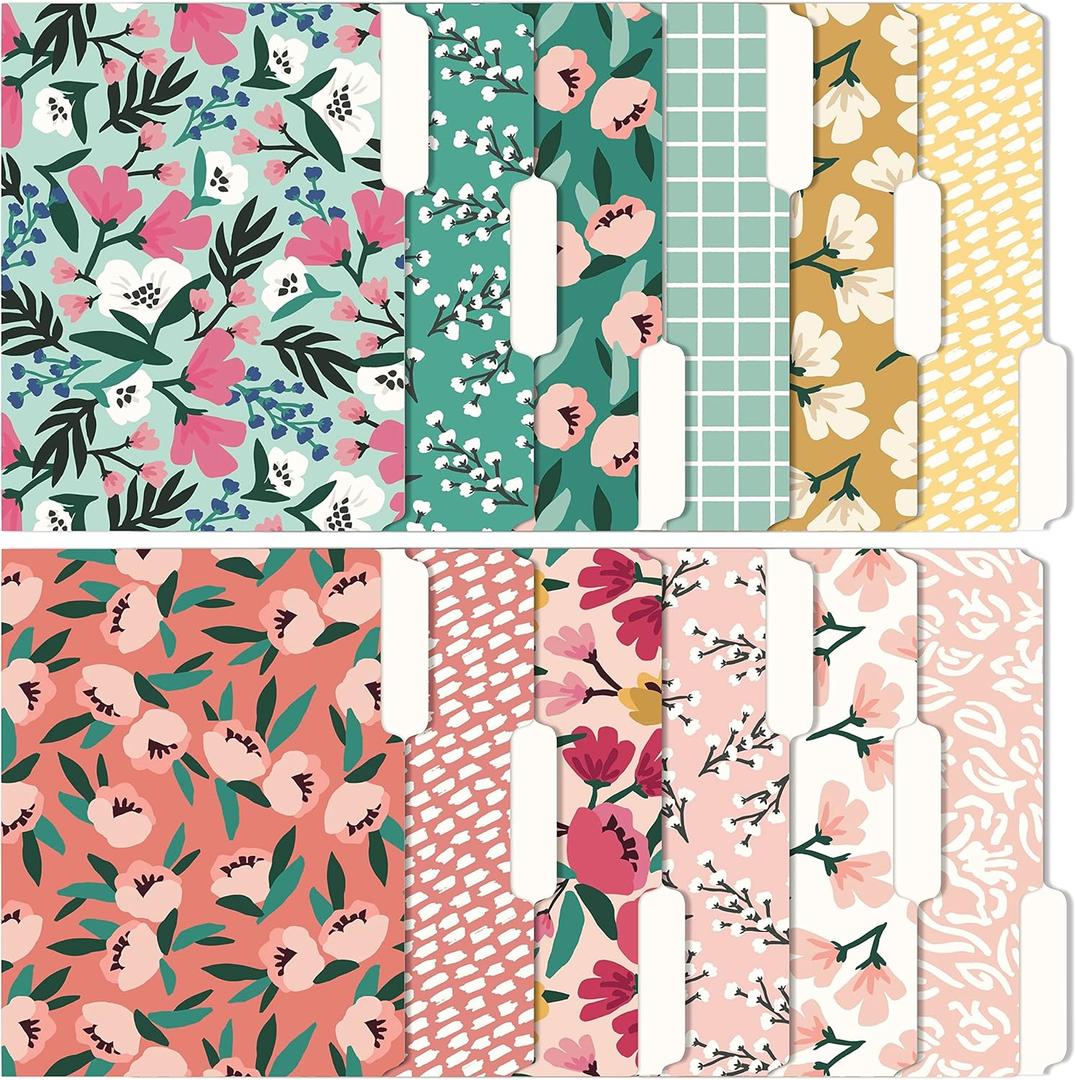 Cute File Folders, Set of 12 3-Tab Letter Size Decorative File Folders Boho Manilla 8.5 x 11  Pretty Designer Home Office School Supplies (Blossom)