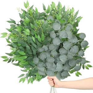 Giegxin 18 Pack 22inch Italian Ruscus Artificial Greenery Stems Faux Silk Green Leaf Eucalyptus Stems Greenery Leaves Plants Garland Vines Hanging Spray Branches for Wedding Vase Arch Home Decor