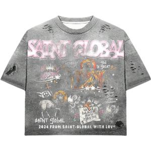 GORGLITTER Men's Letter Graphic Washed Tops Ripped Tees Short Sleeve Crewneck Street T-Shirts (Gray, L)