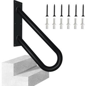 Outdoor Handrail for 1-2 Steps, 12" Length Wall Mount Stair Railing, 500LBS Strong U-Shaped Safety Grab Bar, Matte Black Metal