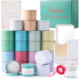 MeiGlow Empty Candle Tins for Making Candles, 24 Pack(12 Colors) 8 oz with Lids, Cotton Wicks, Wick Stickers, Holders, Labels, Pink Ribbon and Transparent Bags (8 oz)