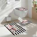 4Pcs Pink Black Girls Bathroom Sets with Shower Curtain and Rugs, Fashion Flower Perfume Toilet Lid Cover, Bath Mat, Women Girly White Striped High Heels Books Shower Curtain with 12 Hooks
