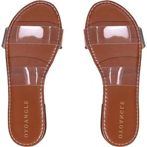 OYOANGLE Women's Clear Strap Flat Sandals Open Toe Double Band Casual Slide Sandals Brown 11