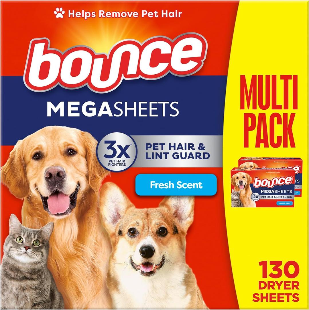 Bounce Pet Hair and Lint Guard Mega Dryer Sheets with 3X Pet Hair Fighters, Fresh Scent, 130 Count, Bounce Dryer Sheets, Fabric Softener Sheets