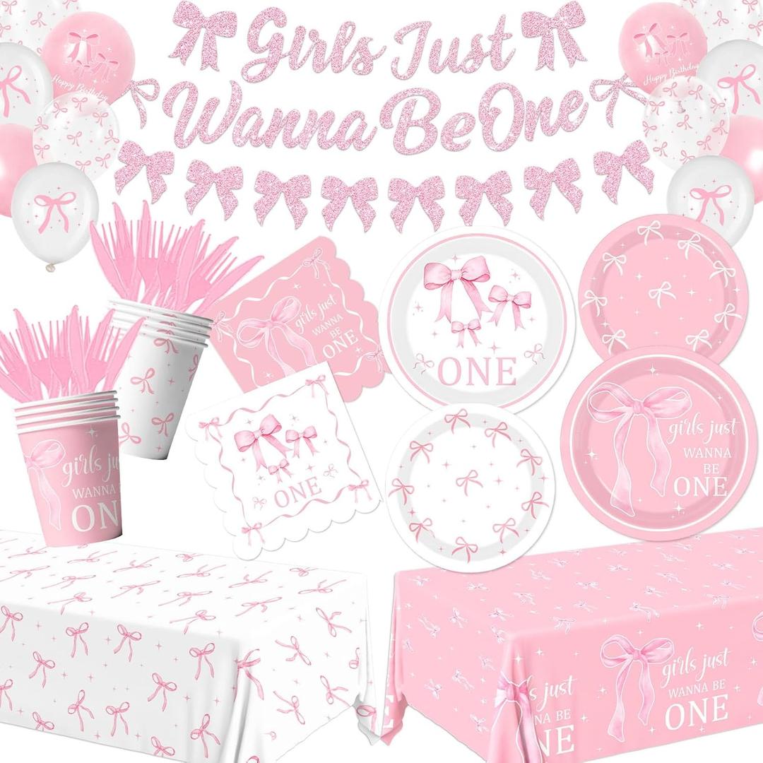 190Pcs Pink Bow 1st Birthday Decorations, Baby Girl First Birthday Party Supplies Includes Girls Just Wanna Be One Plates Napkins Cups Tablecloth Banner Balloons for Girls Bow Party Decor