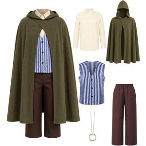Renaissance Costume Men 5 Pcs Halloween Medieval Cloak Outfit Set, XL