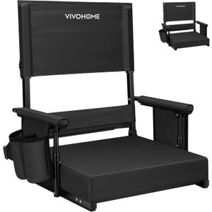 VIVOHOME Height Adjustable High Back Stadium Seat with Back Support and Cushion, Portable Bleacher Chair with Cup Holder and Shoulder Strap, Black