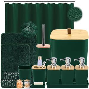 Bathroom Sets with Shower Curtain and Rugs, 27PCS Dark Green Bathroom Accessories Set with  Can, Green Shower Curtain Set, No Slip Super Absorbent Bathroom Rugs