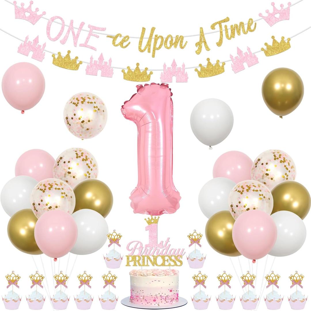 Little Princess 1st Birthday Decorations Girl, Once Upon a Time Decorations Banner, Pink White Gold Balloons Princess Crown Castle Banner Garland Cake Cupcake Toppers Number 1 Foil Balloon