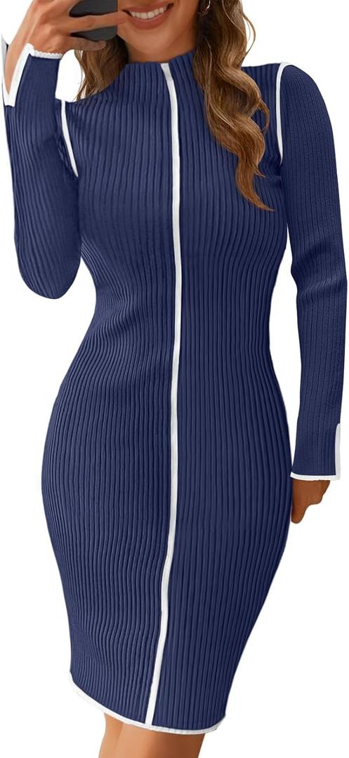MEROKEETY Women's 2025 Long Sleeve Ribbed Knit Short Dress Color Block Mock Neck Bodycon Sweater Dresses (Navy)