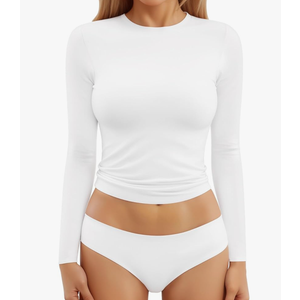 MANGOPOP Women's Double Lined Long Sleeve Tops Crew Neck T Shirt Compression Fitted Basic Tee Black XXL