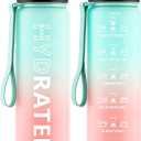 Water Bottle with Straw, 32oz Motivational Water Bottles with Time Marker to Drink, Tritan BPA Free, 1L Sports Water Bottle with Carry Strap LeakProof for Women Gym Fitness Outdoor (1 Pack) (Green Pink)