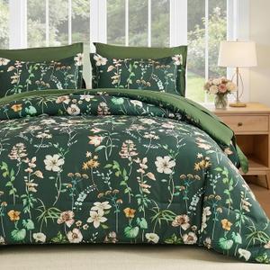 DJY Queen Comforter Set, Green Botanical Floral Bedding Comforter Sets Queen Size for All Seasons, 7 Pieces Bed in a Bag Lightweight Microfiber Comforter Set with Sheets Pillowcases & Shams