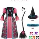 Spooktacular Creations Witch Costume for Girls, Halloween Dress with Broom, Kids Moon Shimmer Witch Set for Wizard Role Play (Large(10-12 yrs), Pink)