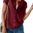 Saodimallsu Womens Short Cap Sleeve Sweater Vest Crochet Button Down Cardigans Crew Neck Summer Knit Tops (Red)