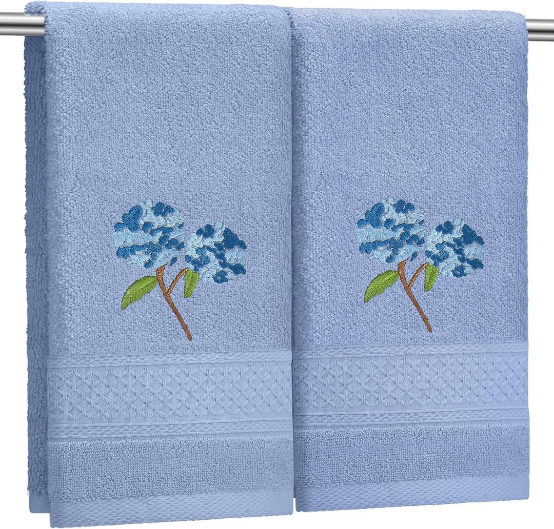 2 Pcs Hydrangea Hand Towels Blue Hydrangea Floral Bathroom Decor 14x29 Inch Embroidered 100% Cotton Soft Absorbent Spring Summer Decorative Flowers Hand Towels for Bathroom Kitchen