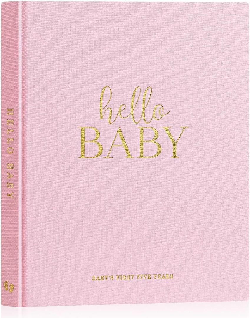 Lanpn Hello Baby First 5 Year Memory Book for Boy Girl - Linen Hardcover Baby Book Keepsake for New Parents - Newborn Baby Journal Scrapbook Photo Album Baby Milestone Book (Pink, 154 Pages)
