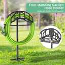 Garden Hose Holder - Upgraded Metal Reel With Tool Storage Basket, Heavy Duty Freestanding Water Hose Holder Holds 150ft, Detachable Storage Hanger for Outside