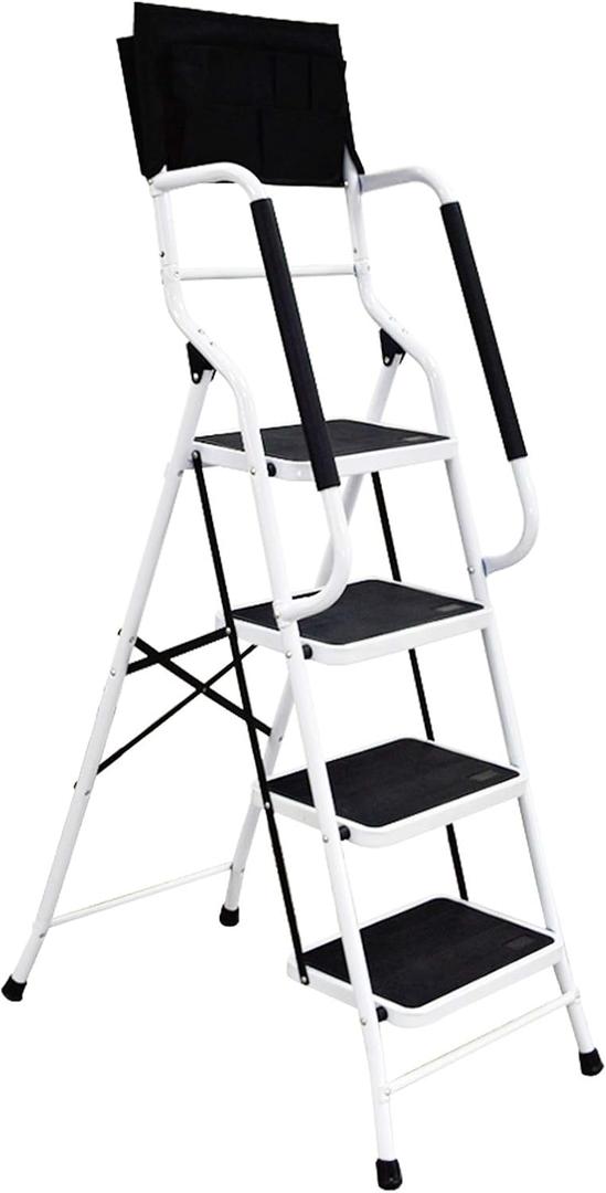 Double Elite Step Ladder 5 Step Folding with Handrails, Safer 5 Step Ladders for Home, Convenient Folding Step Stool with Tool Bag, Sturdy Indoor/Outdoor Ladder for Adults Anti-Slip Pedals, White