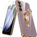 for Samsung Galaxy S23 FE 5G Case with 2 Pack Screen Protector, 360 Rotatable Ring Holder [Luxury Hearts Pattern] Plating Gold Edge Slim Soft Phone Cover Case for Galaxy S23 FE - LightPurple