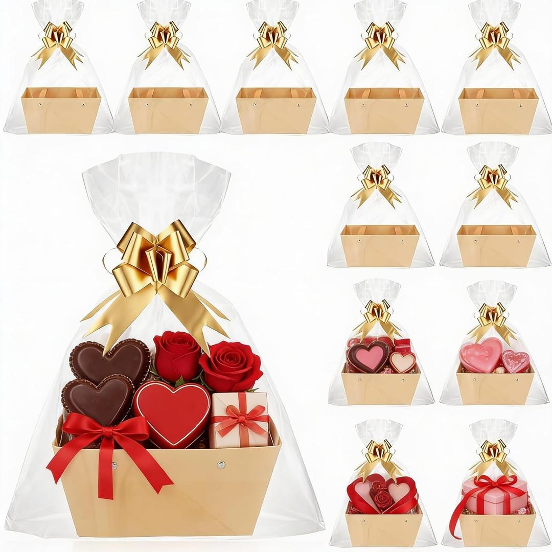 Colarr 12 Pack Baskets for Gifts Empty Bulk Kraft Empty Gift Basket Kit with Handle Wrap Bag Bow DIY Cardboard Market Tray to Fill for Valentine's Wedding Easter Party, 9.8" x 6.5" x 4.3"(Gold)